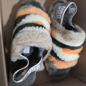 UGG Kids Fuzzy Striped Slippers - Orange, Green, Cream